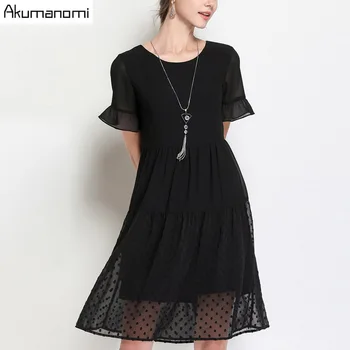 

Summer Dots Chiffon Dress Women Clothing Black O-neck Flare Short Sleeve Cupcake A-line Dress Plus Size 5XL 4XL 3XL 2XL XL L M