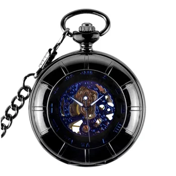 

XG379 Hollow Skeleton Black Automatic Mechanical Pocket Watch Men's Watch Women's Watch Vintage Hand Wind Clock Necklace Pendant
