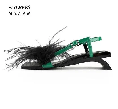 Summer New Brand Women Red Green Feather Synthetic Fur Cheap High Quality Strange Style Heels Buckle Strap Low Heel Sandals