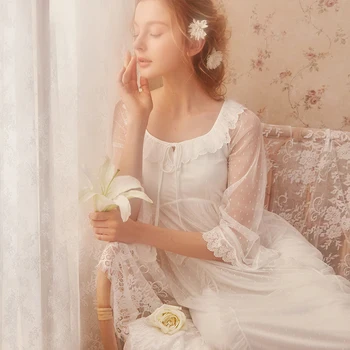 

Free Shipping 2019 New Princess White Long Pyjamas Lace Nightgown Women's Modal Sleepwear Ladies Spring Soft pijamas femininos