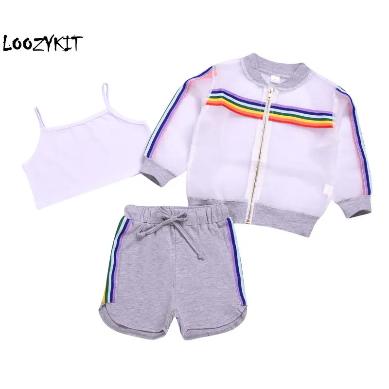 

Loozykit Toddler Girl Clothes 2019 Summer Kid Rainbow Sun Protection Clothing Vest Shorts 3Pcs Children Set Outfits Sports Suit