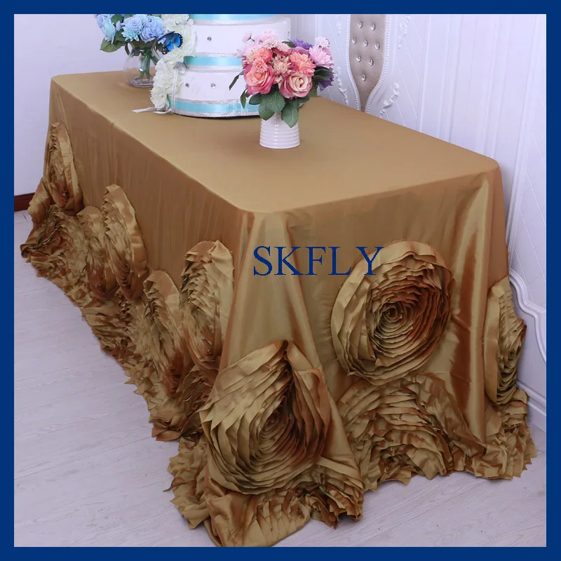 

CL052CB Gorgeous 2018 wedding fancy 6ft rectangle gold 90''*132'' rosette table cloth with flower