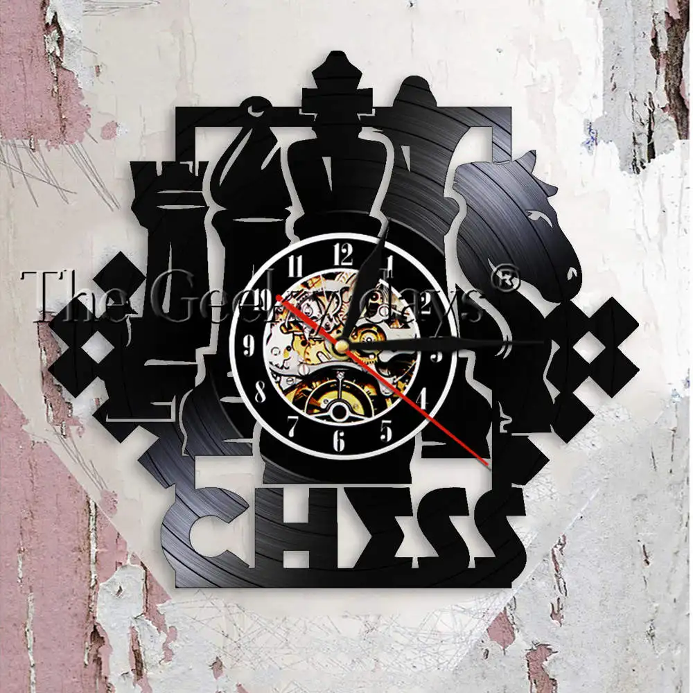 

Chess Game Wall Art Wall Clock Chessboard Black Pieces Strategy Player Club Chess Master Vinyl Record Clock Chess Lovers Gift