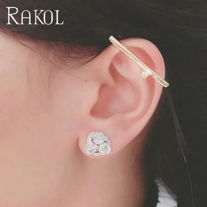 Женские серьги клипсы с фианитом RAKOL золотые для ушей праздничные аксессуары на