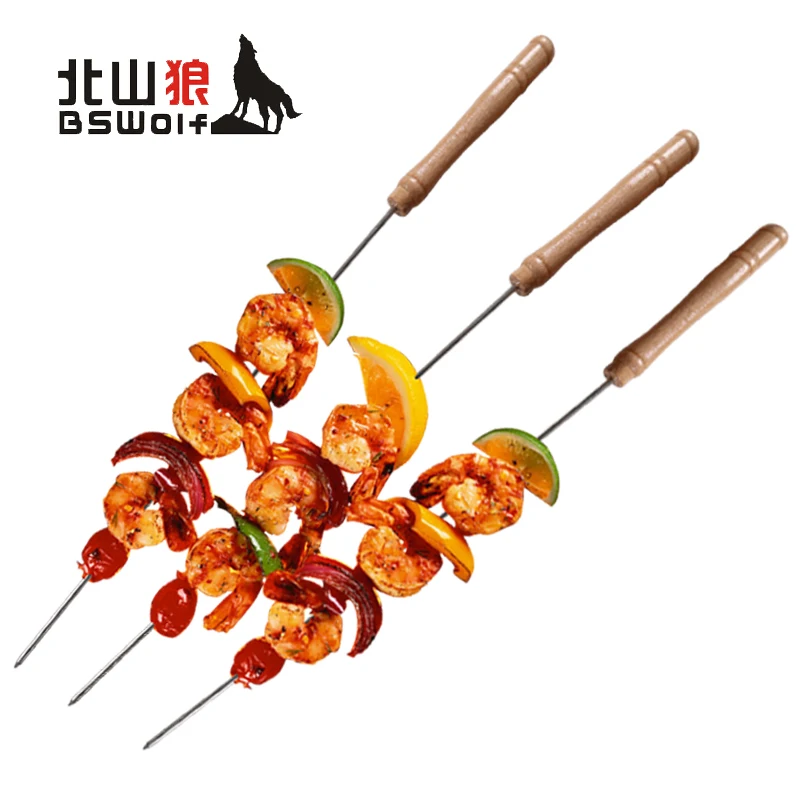 BSWolf 10pcs/set Wooden Handle Stainless Steel Skewers For Outdoor