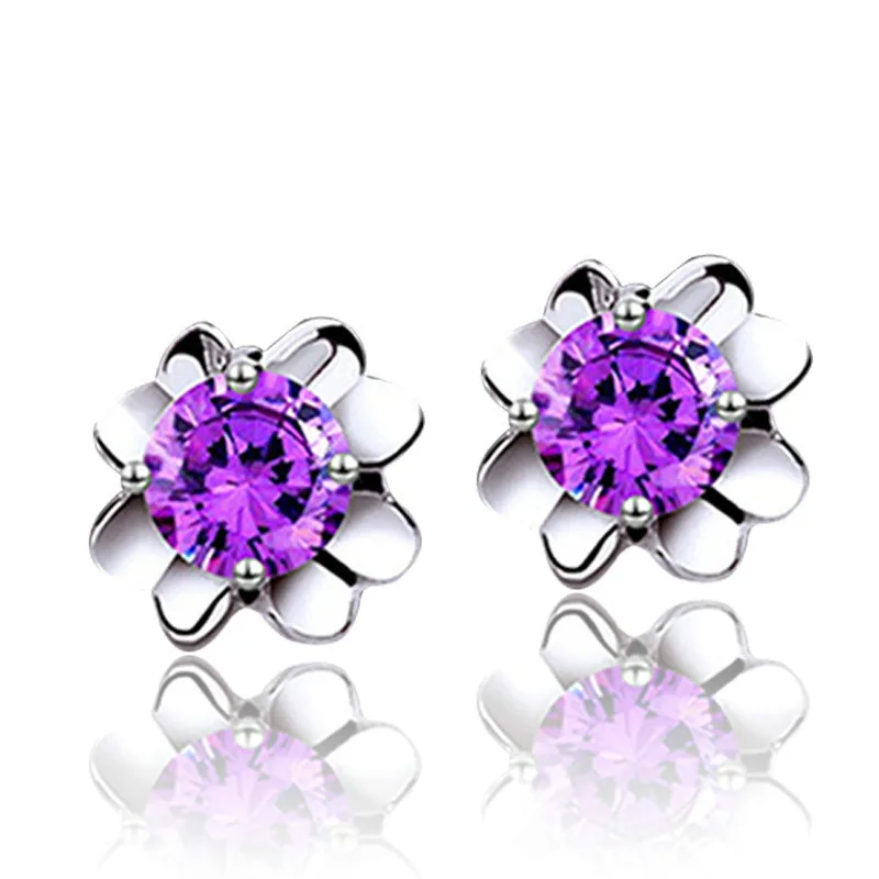

Lovely Silver Clover Stud Earrings Purple White Crystal for Women Summer Gift