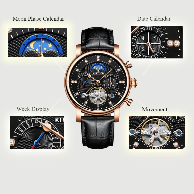 KINYUED Moon Phase Top marca para hombre relojes mecánicos automático Tourbillon Esqueleto reloj hombres calendario reloj Masculino dropship - 5