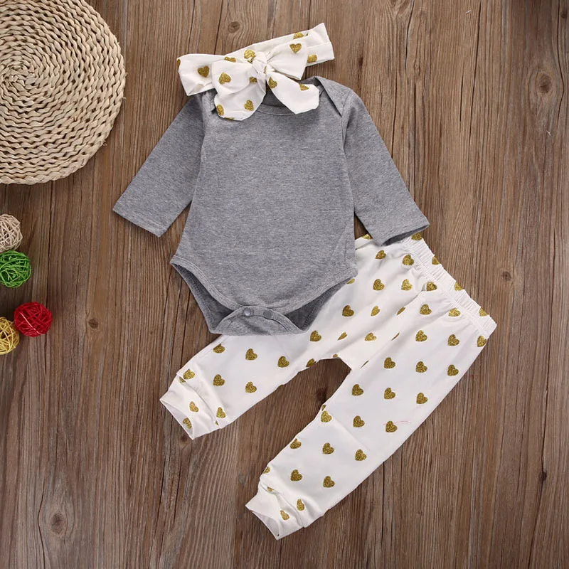 Murah 3 Pcs Set Bayi Gadis Pakaian Lengan Panjang Berjalan Atasan Baju + Celana + Headband Bayi Gadis Pakaian Set BEBE anak anak Pakaian