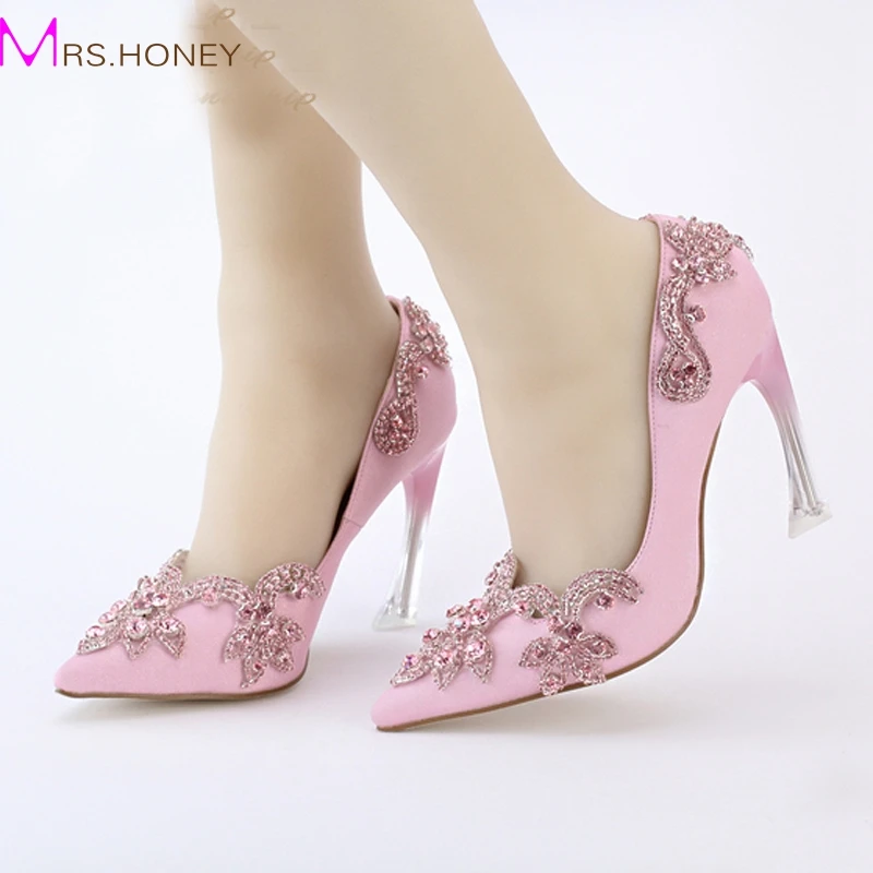 Crystal Clear Heel Envening Party Prom High Heel Shoes 9cm Pointed Toe Wedding Bridal Shoes Size 34-42 Plus Size Pink Satin Pump