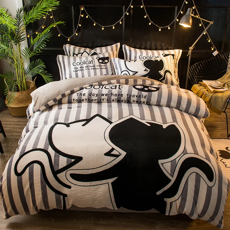 

cartoon basketball print kids boys bedding sets Queen/full size 4pcs flannel fleece duvet cover set gray soft