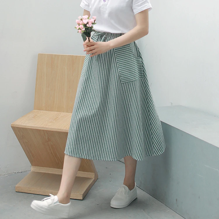 leather skirt Spring Summer Women Vertical stripes Skirts Casual Loose Cotton Linen Female With Pockets Vintage Elastic waist lacing Skirts tennis skirt outfits