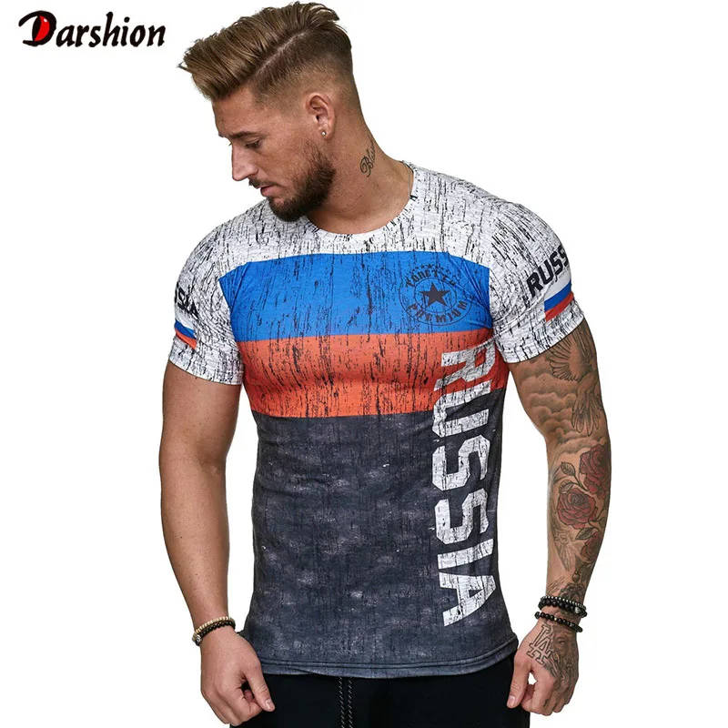 

2019 Summer Russian Flag Men's Casual Fashion T-shirt Round Neck Cool and Lightweight Slim Fit Muscle Man's T-shirt Fitness