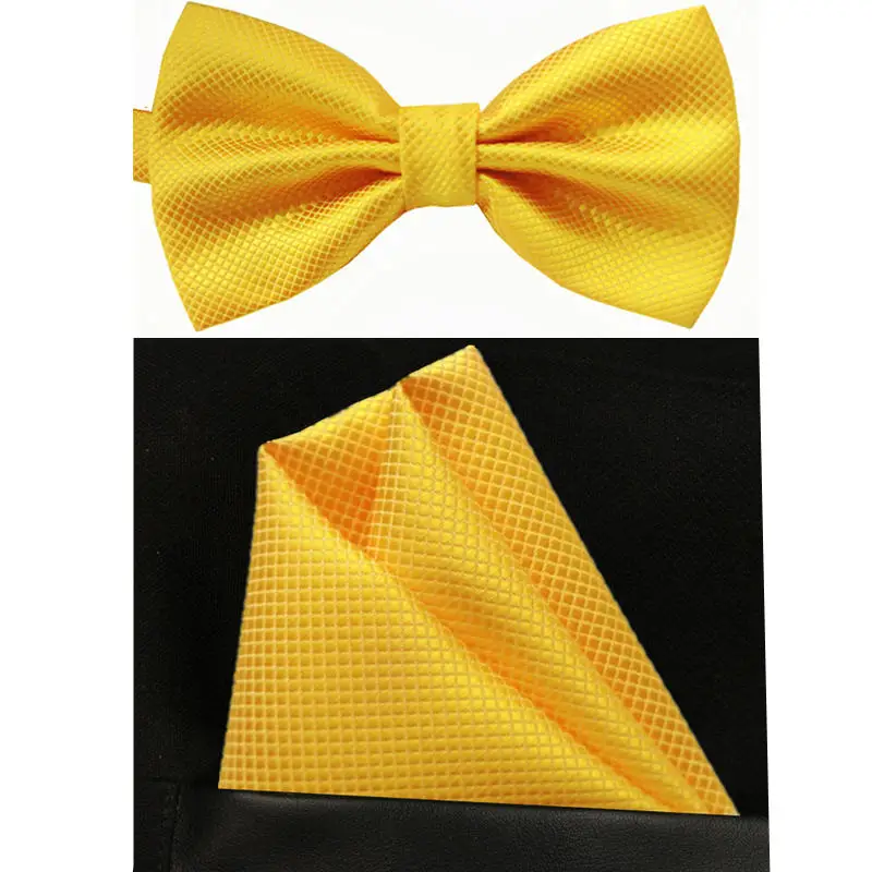 yellow SHENNAIWEI Шелковый однотонный деловой галстук-бабочка для мужчин, винтажный фиолетовый, черный, желтый, серебристый Свадебный галстук-бабочка, карманный квадратный платок, набор, lote - Цвет: yellow