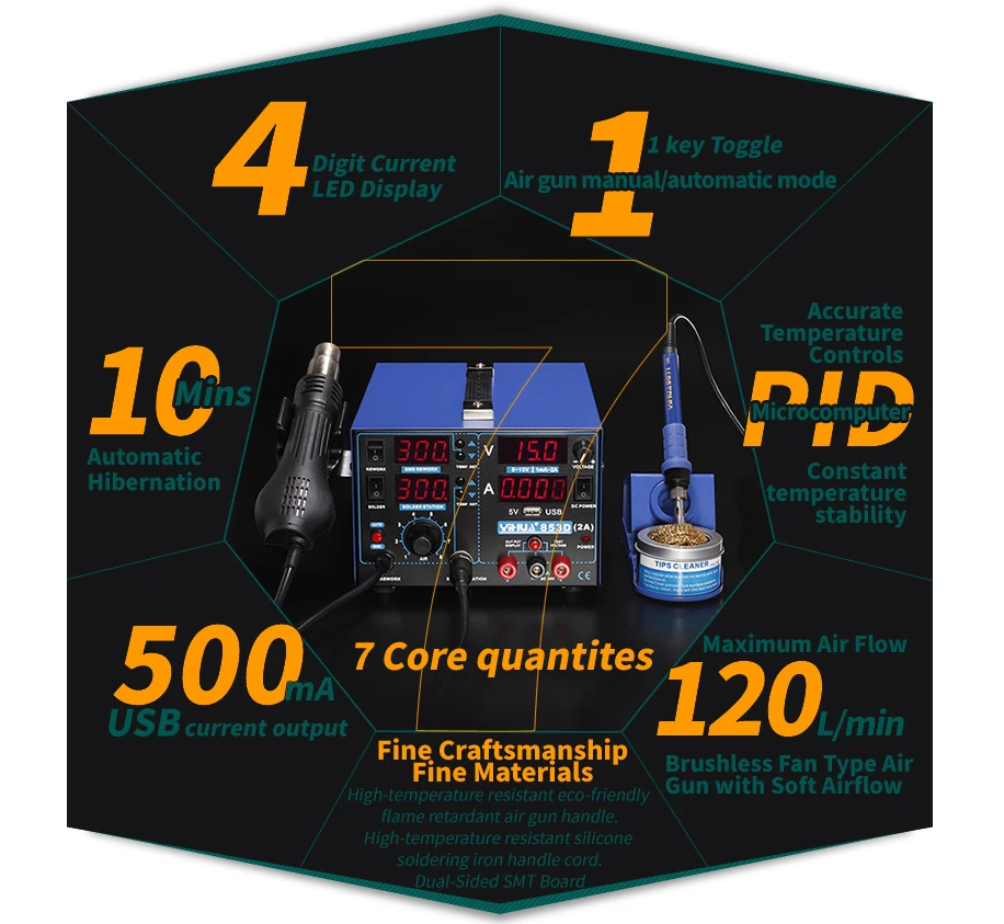 YIHUA 853D 1A SMD DC ПИТАНИЕ фена паяльник переделка спайки станция умный контроль температуры 853D 5A 853D