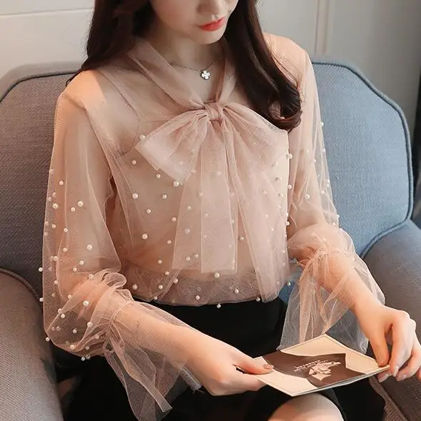 

2019 Spring Long Flare Sleeve Bow Tie Mesh Blouses Women Transparent Sexy Mesh Shirts Women Pearl Shirts Tops DF266