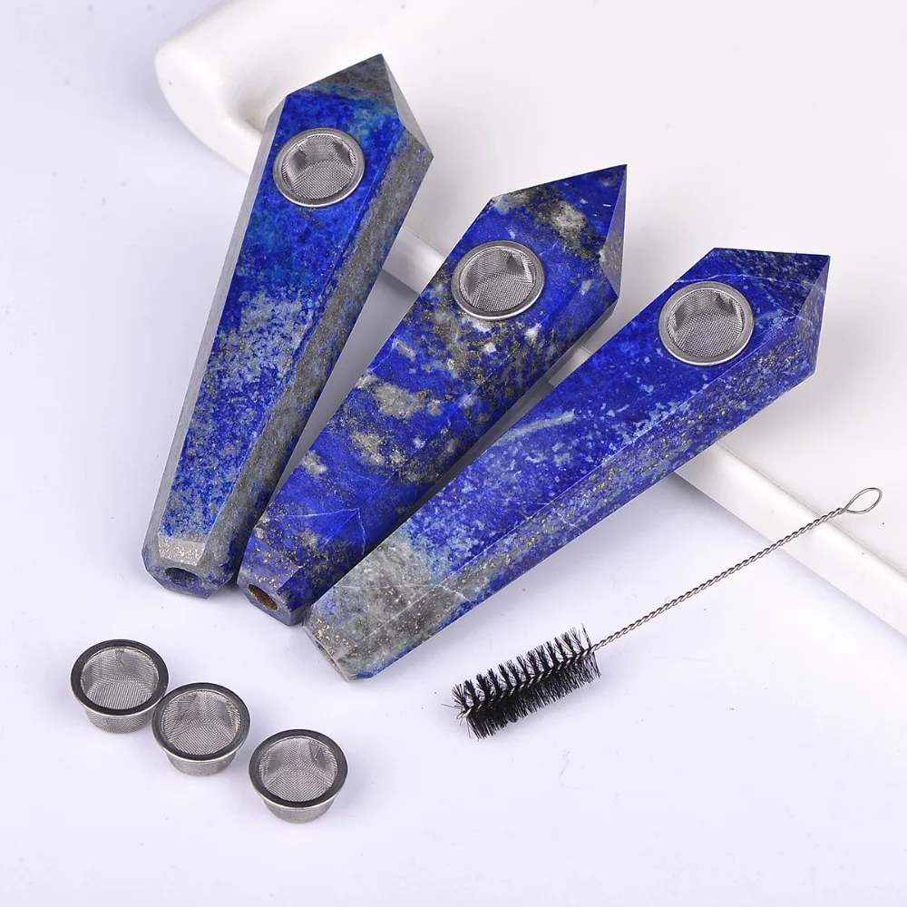

Wholesale Natural Crystal Lapis Lazuli Crystal Pipe Quartz Crystal Cigarette Holder Smoking Pipes Metal Screen Healing