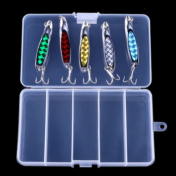 

5pcs Metal Spinner Spoon Fishing Lure Hard Baits Sequins Noise Pailletter with Feather Treble Hook with Transparent Box