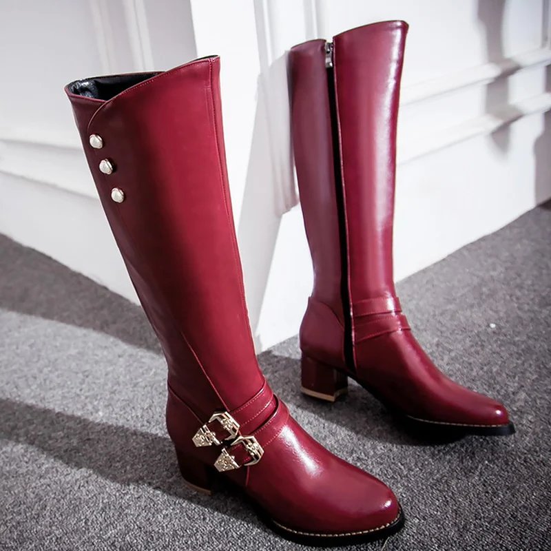 

Leather boots woman big size 4-10.5 crystal buckle designer knee high riding boots zip square heel female boot 2019
