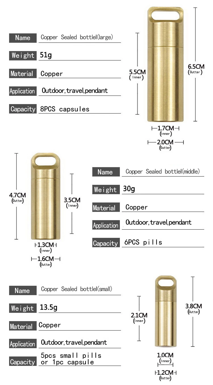 Капсула EDC уплотнение Бутылка Чистая медь водостойкий горшок выживания таблетки бутылка латунь Открытый Отдых Мини хранения аптечка