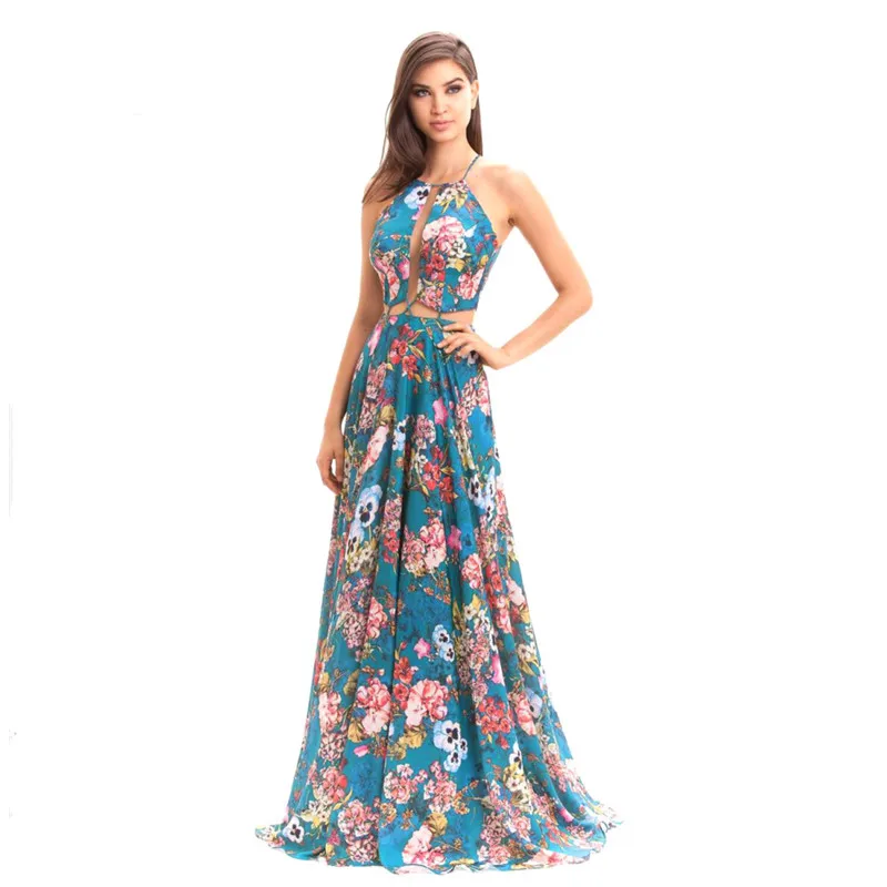 

2019 Summer Sexy Hanging Neck Long Dresses Split Print Dinner Party Dress Casual Sleeveless Flower Printed Dress C273