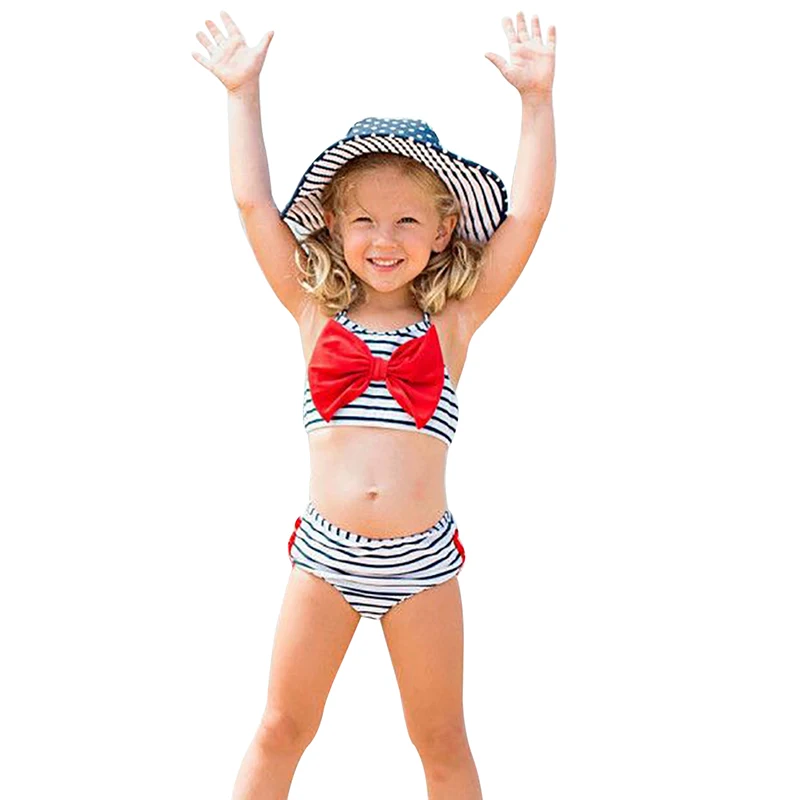 Summer Infant Baby Bikini Set Swimwear Striped Print Tops Bow Design Briefs Kid Swimsuit Girl Swimming Costumes Bathing Suit