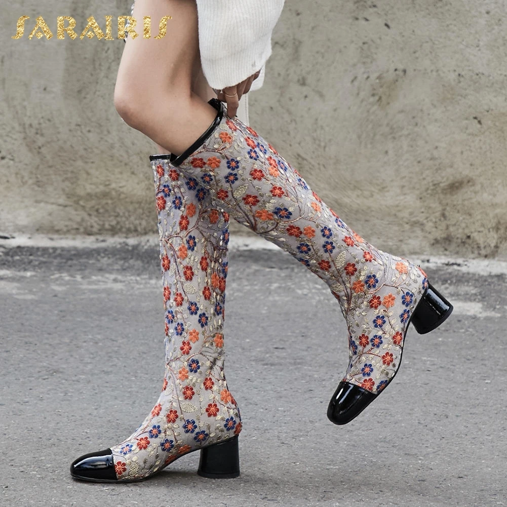 

SARAIRIS New Large Size 33-42 Luxury Brand Design Female Shoes Woman Boots High Heels Fashion Embroidery Knee-High Boots Woman