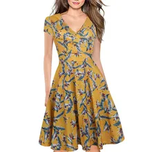 Для женщин Летняя мода Платье До Колена Лидер продаж с v-образным вырезом с коротким рукавом пэчворк Принт линии платья Элегантный женский Vestidos