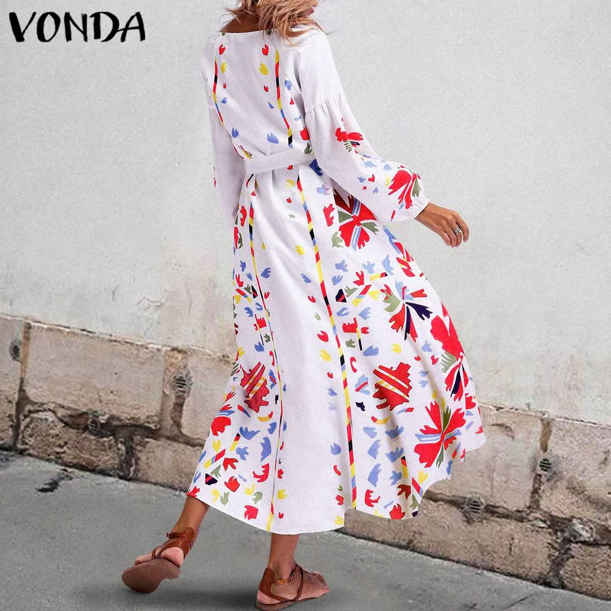 VONDA весенне-летнее платье винтажное женское богемное длинное платье макси с цветочным принтом повседневное Свободное платье с v-образным вырезом Vestidos плюс размер S-5XL