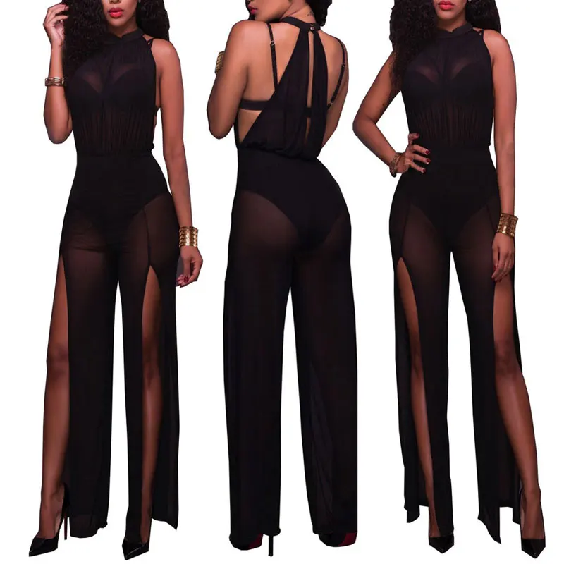 Sexy V Neck Perspective Black Jumpsuits On Holiday Summer Sexy Halter Backless Split Long Pants Overalls Mesh Wide Leg Coverall 