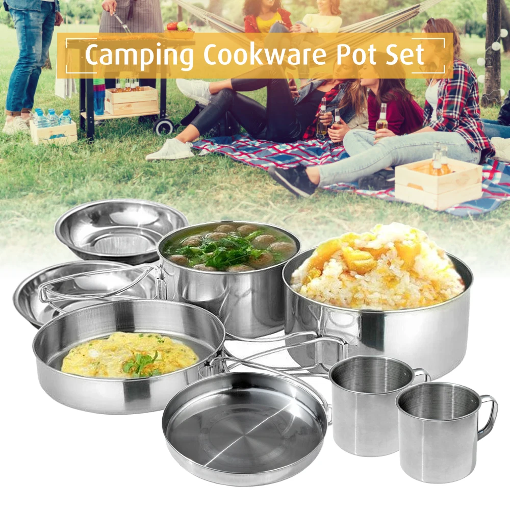 

6 PCS/8 PCS Stainless Steel Camping Pot Pan Set Outdoor Tableware Cookware Soup Coffee Water Cup Picnic Cooking Pan Plates Set
