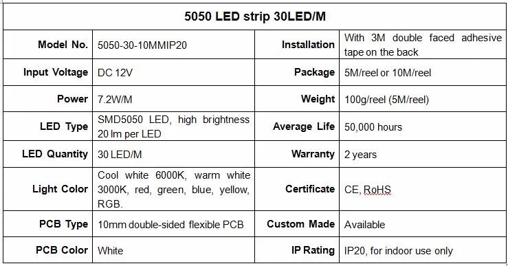 12 В 5050 гибкий свет Светодиодные полосы, 30 LED/м, 50 м/лот, не водонепроницаемый, 10 мм Двусторонняя печатной платы, 2 года гарантии, оптовая