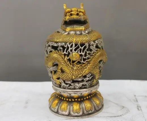 

Chinese Royal White Copper Silver Gilt Buddhism Dragon incense burner Censer