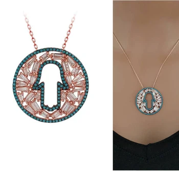 

luxury AAA sparking cubic zirconia baguatte cz Hamsa hand outline fatimas hand rose gold color Bling women jewelry necklace