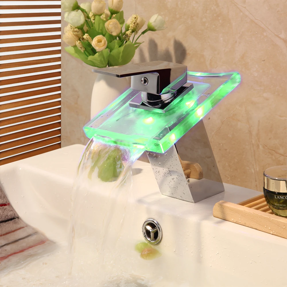 KEMAIDI светодиодный светильник, стеклянный кран для раковины, однорычажный кран для раковины, Твердый латунный кран для ванной комнаты, светодиодный стеклянный кран для раковины, изменение цвета