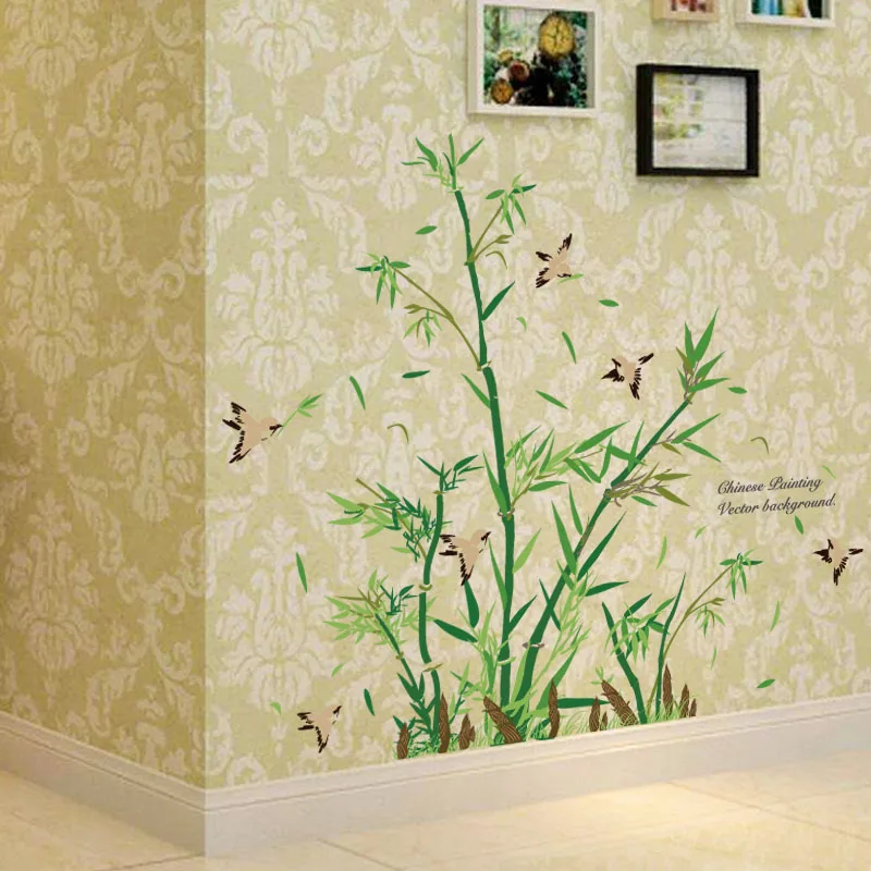 

% Green Bamboo Plant Bird Pastoral Style Wall Sticker for Study Room Living Room Wardrobe Decoration Mural Art poster wallpaper