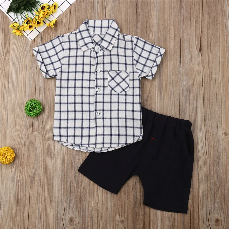 

6M-4Y Casual Kids Baby Boy 2Pcs Clothes Sets Plaids Short Sleeve T-Shirts+Elastic Waist Shorts Boy Cotton Outfits Summer Clothes
