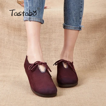 

Tastabo Genuine Leather Flat Shoe Winter Woolen inside Brown Women Shoe Female Lace-up Fashion Sneakers Flats Real Fur Shoes