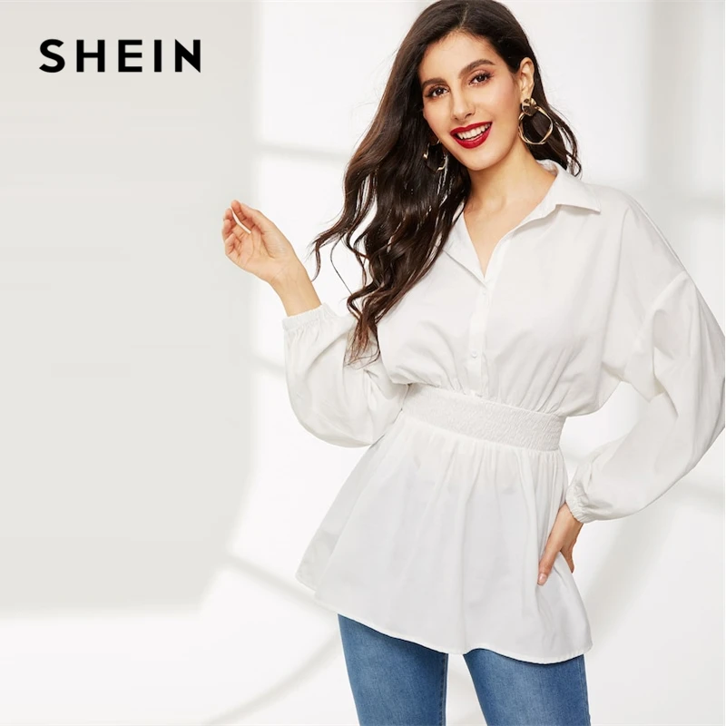 

SHEIN White Lantern Sleeve Shirred Waist Solid Blouse Half Placket Elegant Bishop Sleeve Collar 2019 Spring OL Women Blouses