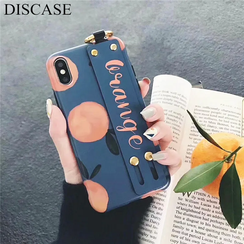 

DISCASE Fashion Bracket Wrist Strap Phone Case For iphone XR XS MAX X 6 6s 8 7plus Simple Retro Letter Fresh Fruit All Inclusive