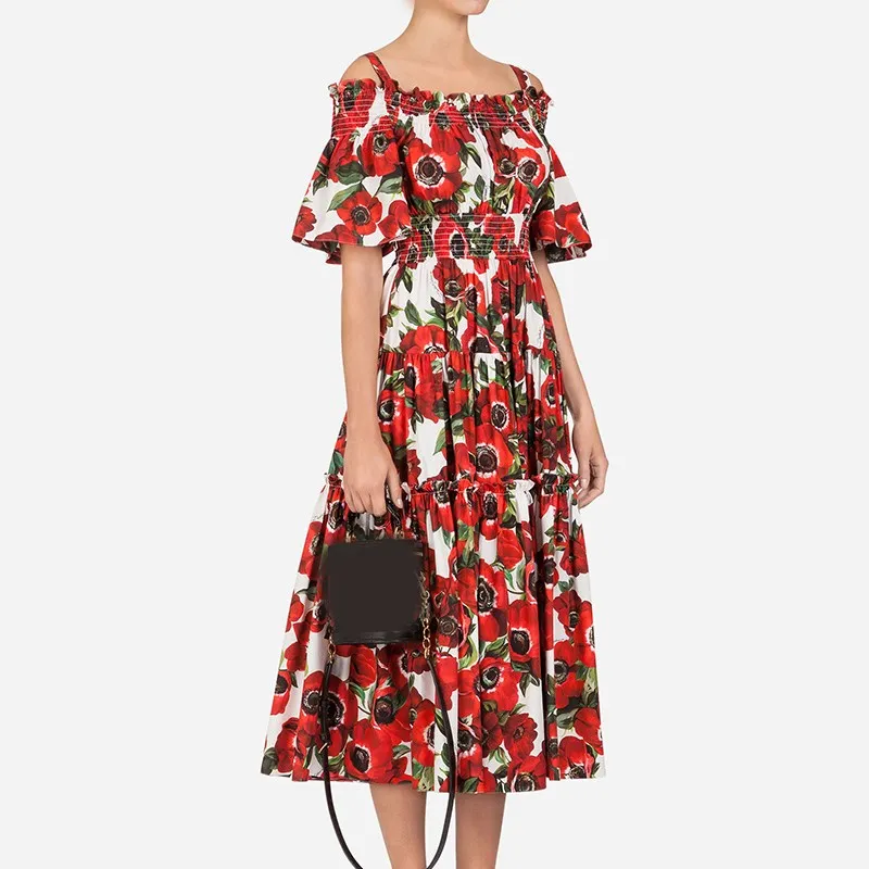 

2019 Runway Designer Flower Summer Dress Women Out Shoulder Slash Neck Party Dress Red Rose Floral Print A-Line Dress