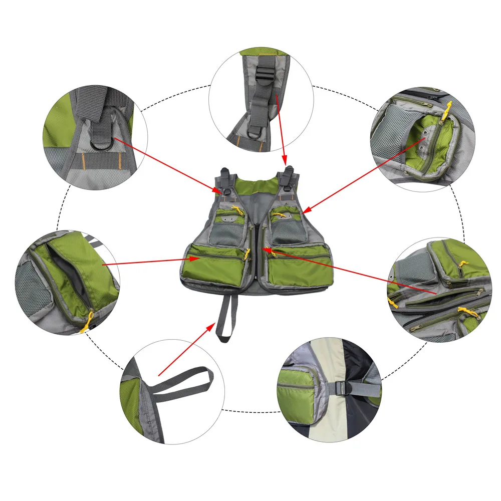 Армейский зеленый рыболовный жилет с регулируемой сеткой и карманом для спорта на открытом воздухе, Спасательная куртка