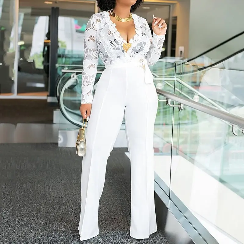 

Summer Plus Size Sexy White Casual Jumpsuit Women Slim Straight Hollow Lace Plain High Waist Sexy Club Female African Rompers