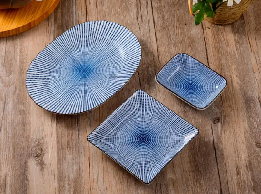 

1 PC Japanese Ceramic Deep/Flat Plate Blue Lines Patterned wESTERN Food High Quality Under-glaze Made in Japan