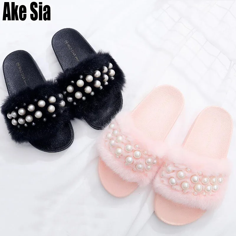 

Ake Sia Hot House Design Women Girlish Mujer Casual Fashion Babouche Downy Pearl Peep Toe Slipper Sandals Flat Slides Shoes A159