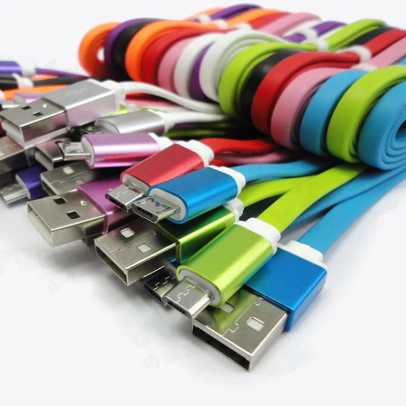 

100pcs 1m 3ft Candy Color Metal Flat Micro USB Data Sync Cable Charging Line Noodle For iPhone 5 6 6s plus Samsung S6 S7 HTC LG