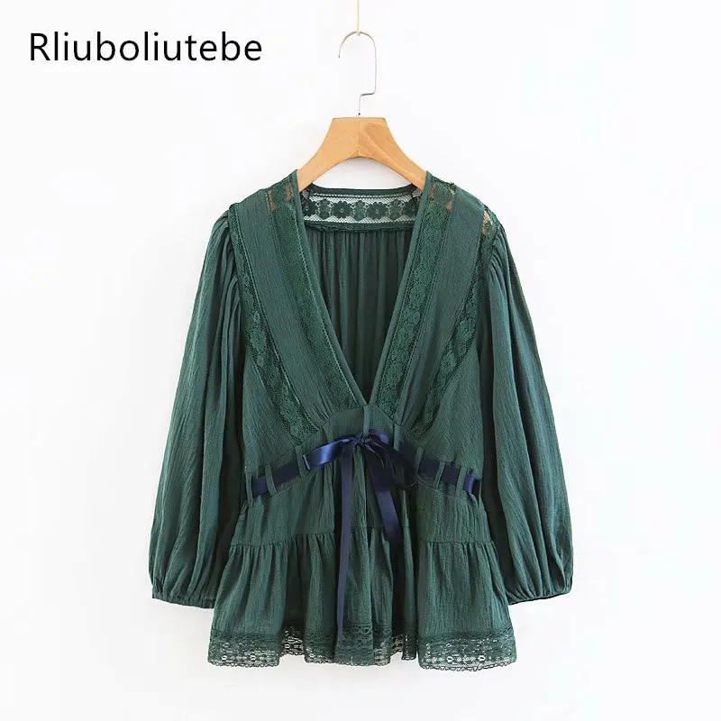

Lace Peplum Blouse Women Slim Waist Bow Tie Lace Up Long Sleeve Deep V Neck Casual Beach Green White Blouse Retro Vintage