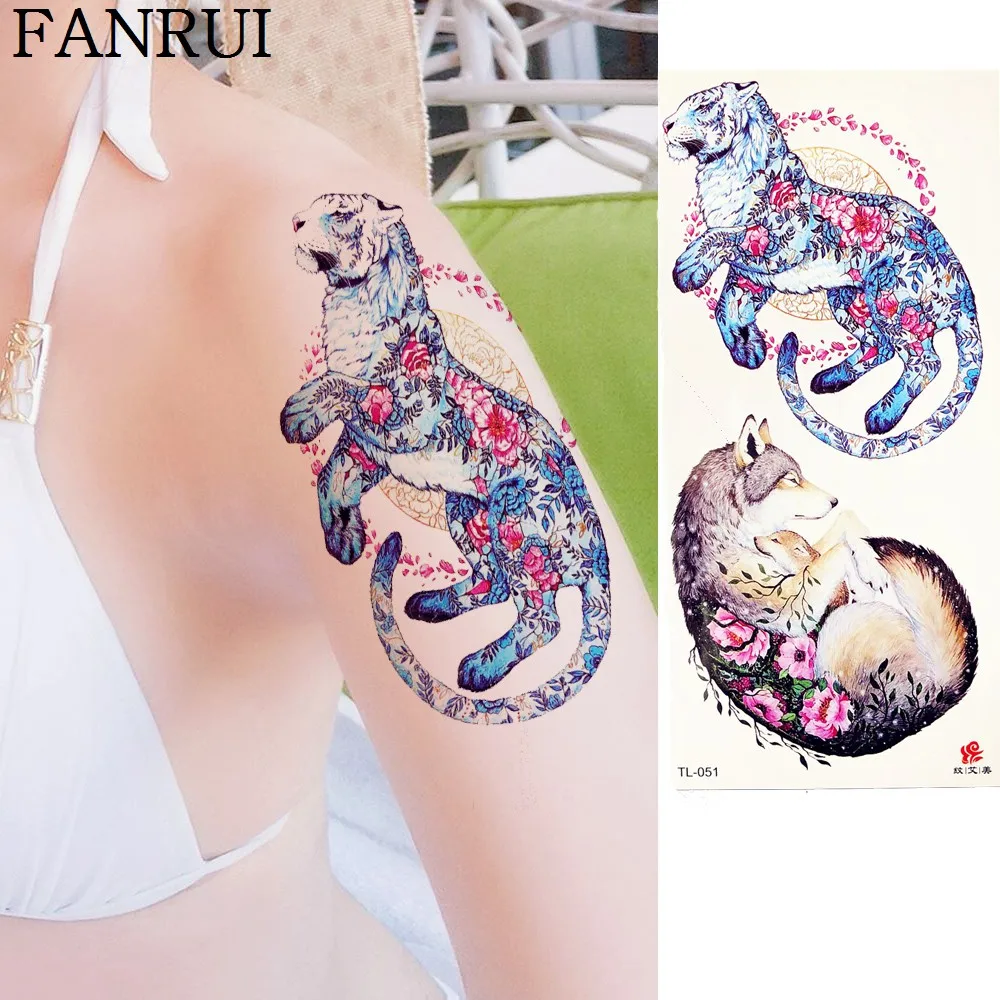 

3D Watercolor Tiger Sexy Wolf Tattoo Stickers Girls Arm Chest Temporary Tattoo Women Body Art Waist Flash Tatoos Animal Decal