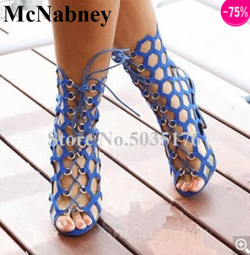 

2019 European Solid Cross-tied Ankle Strap Peep Toe Stiletto Heel Hollow Mid-Calf Sandals Cover Heel Lace-Up Summer Women Shoes