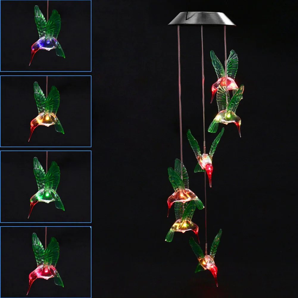 

Newest Solar Changing Color Hummingbird Wind Chime LED Hanging Lamp for Indoor Gardening Yard Pathway @8