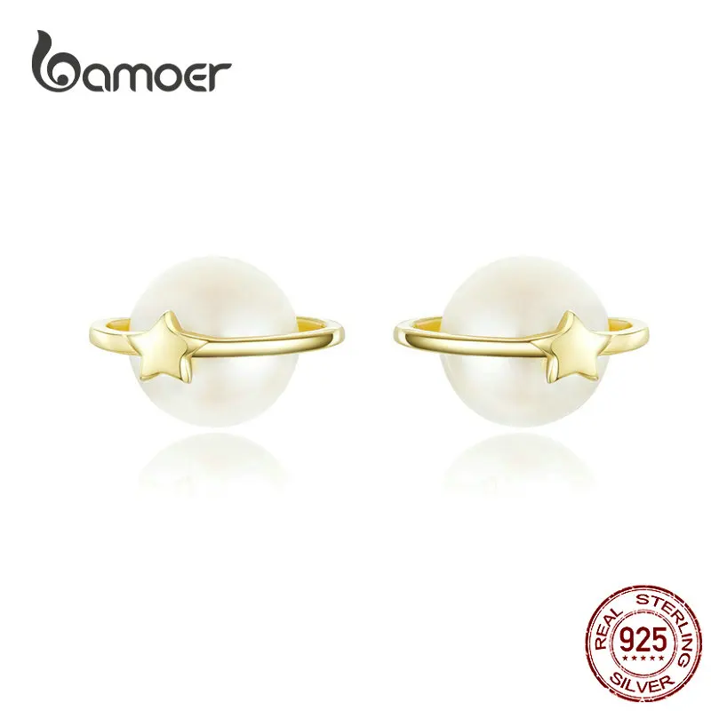 Bamoer, серьги-гвоздики со звездами и жемчугом для женщин, Стерлинговое Серебро, галактика, спутниковые серьги-гвоздики, Стерлинговое Серебро, корейский стиль, ювелирные изделия, BSE163